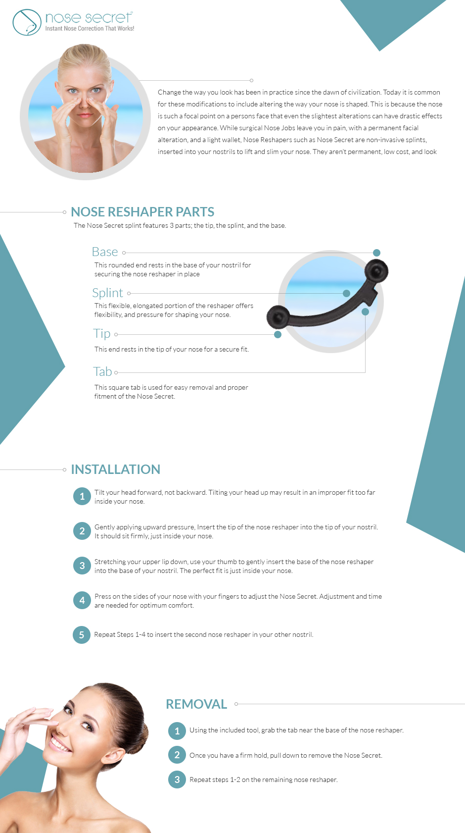 Proper Nose Secret, nose reshaper, Installation and Removal Infographic.